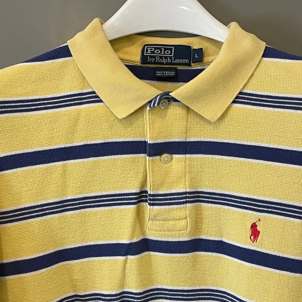 Polo Ralph Lauren Mens Large Yellow Striped Cotton Pique Short Sleeve Polo Shirt